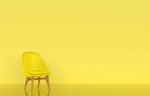 жовтий стілець стоїть у порожній синій кімнаті з концепцією синьої підлоги. 3d ілюстрація
 - Фото, зображення