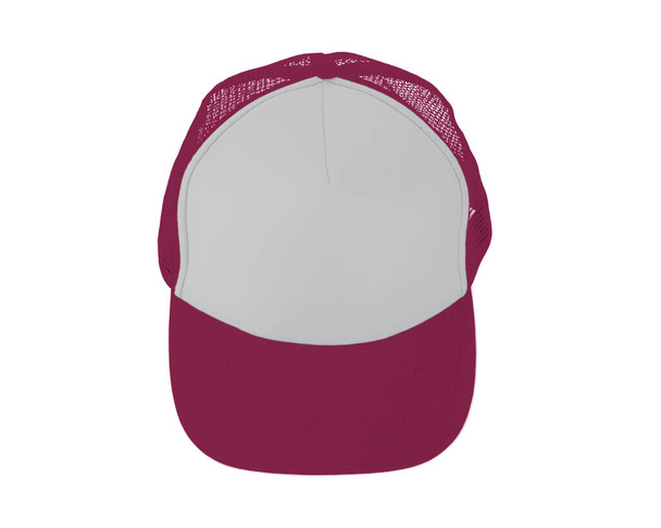 Imponujące Up View Realistyczna makieta czapki w kolorze ciemnej Sangrii. Dodaj swoje projekty marek lub logo na tej realistycznej makiecie kapelusz. - Zdjęcie, obraz