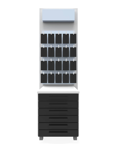 телефон аксессуар дисплей стенд, розничная стенд с крюком для продукта, дисплеи стенды изолированы на белом фоне. 3d иллюстрация
 - Фото, изображение
