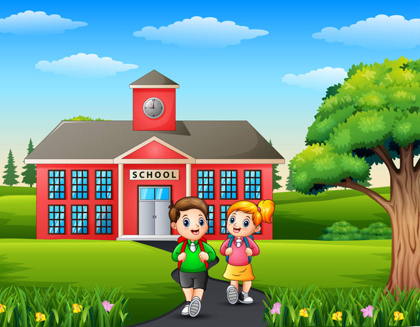 Happy children with backpack on school building background - Vector, Image