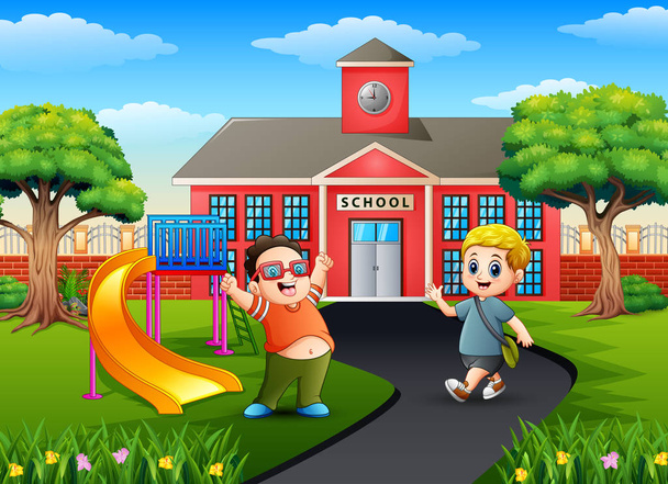 The boys with backpacks in front of school building - Vector, Image