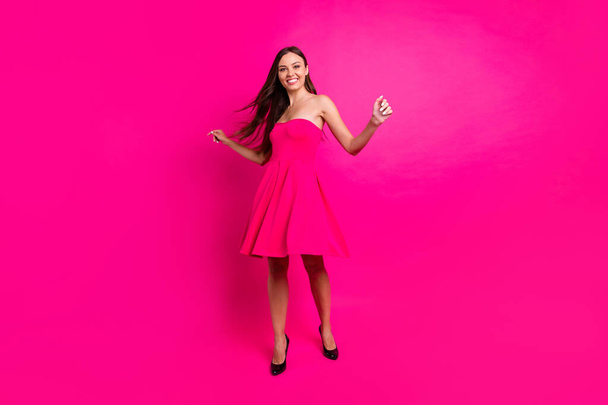 Full length body size view of her she nice-looking attractive gorgeous slim fit thin cheerful long-haired girl having fun time isolated on bright vivid shine vibrant pink fuchsia color background - Valokuva, kuva
