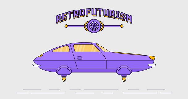 Retro futurystyczny płaski styl latającego samochodu. Retro cyber-samochód logotyp. Retrofuturyzm - Wektor, obraz