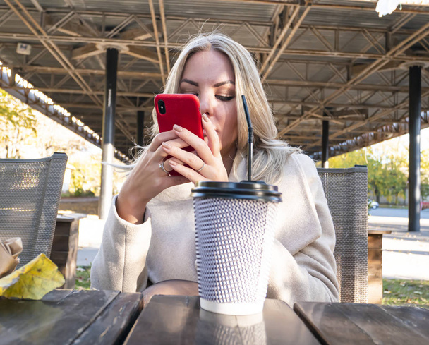 Meisje in een fastfood cafe met een mobiele telefoon in haar hand. - Foto, afbeelding