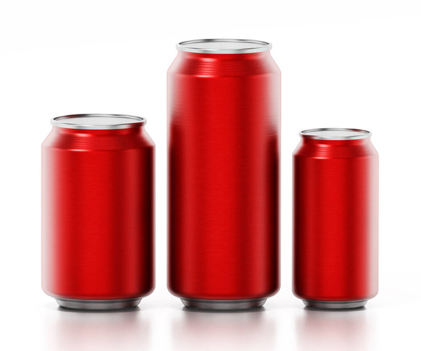 Red aluminum soda canisters isolated on white background. 3D illustration - Fotografie, Obrázek