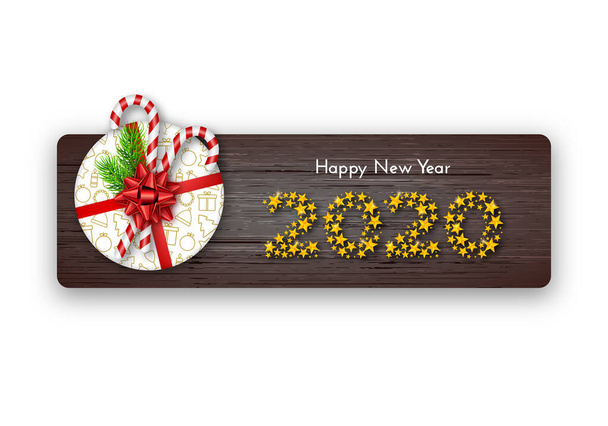 Feliz Año Nuevo 2020. Caja de regalo de vacaciones con ramas de abeto
 - Vector, Imagen