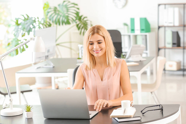 Beautiful businesswoman working on laptop in office - Foto, afbeelding