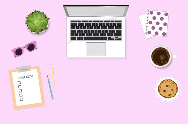 Woman working desktop with computer, coffee, sunglasses and plant. Girly flat lay illustration - Vector, Image