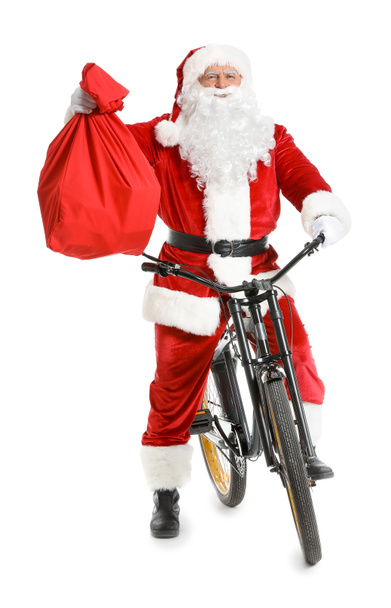 Babbo Natale con borsa e bicicletta su sfondo bianco
 - Foto, immagini