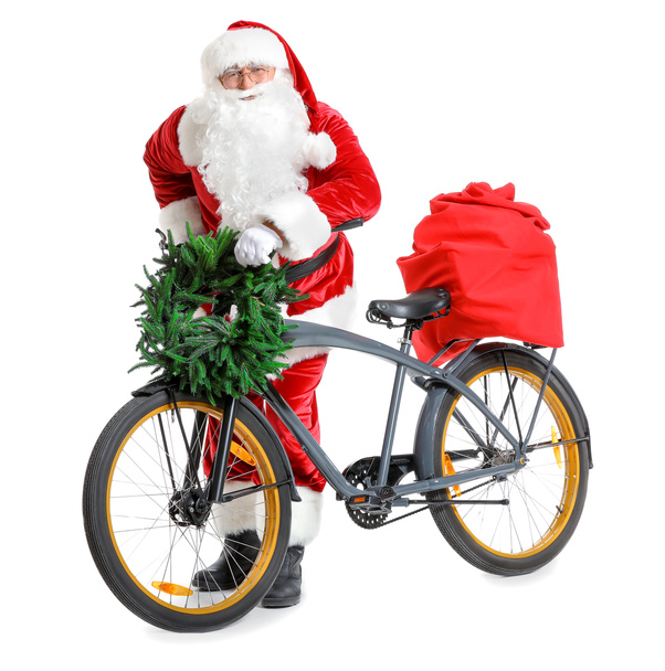 Papai Noel com presentes de Natal e bicicleta no fundo branco
 - Foto, Imagem
