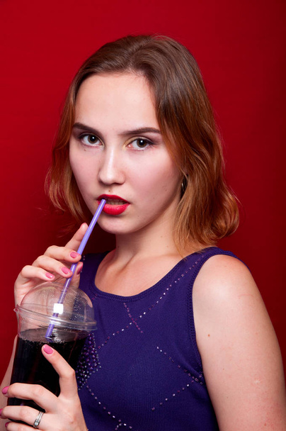 beautiful girl with French fries and drink - 写真・画像