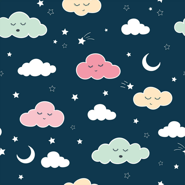 Fun clouds seamless pattern, hand drawn doodles stars, clouds, moon - great for textiles, banners, wallpapers, bed linen - vector surface design - Wektor, obraz