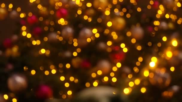 Zárja be a karácsonyfa fények csillogó éjjel. Sok fény a Fir Tree Újév és karácsonyfa dekorációk. Gyönyörű karácsonyi háttér. - Felvétel, videó