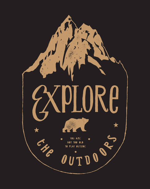 Explore the outdoors - bear in front of the ice covered mountain peak - wild nature life - vintage hiking print - distressed vector illustration - Vector, Image