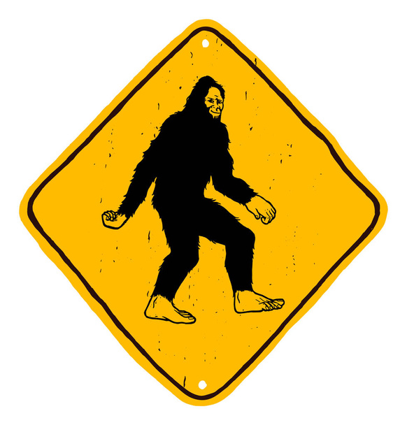 Bigfoot road sign - yellow diamond shape warning hand drawn sign with yeti - beware of sasquatch - Vector, Image