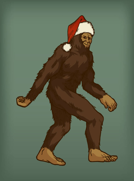 Bigfoot in Babbo Natale cappello illustrazione con un Buon Natale elegante calligrafia - illustrazione vettoriale
 - Vettoriali, immagini