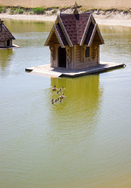 Водный дом для уток и лебедей - в парке, водоплавающие птицы
 - Фото, изображение