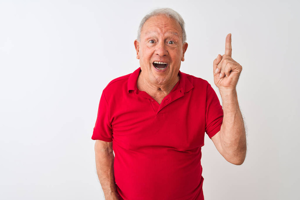 Homem de cabelos grisalhos sênior vestindo pólo vermelho em pé sobre fundo branco isolado apontando dedo para cima com ideia de sucesso. Saído e feliz. Número um.
. - Foto, Imagem