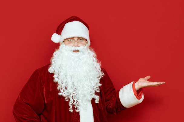 Portrait of positive santa claus isolated on red background shows his hand on a blank space and smiles. Funny Santa stands on red background and shows her hand on copyspace. Xmas concept - 写真・画像