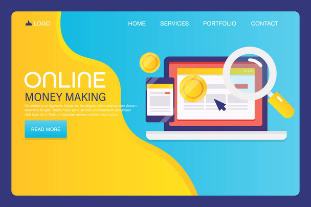 Online money making with blogging, affiliate marketing, passive income stream concept. Flat design web banner, landing page template. - Vector, Image