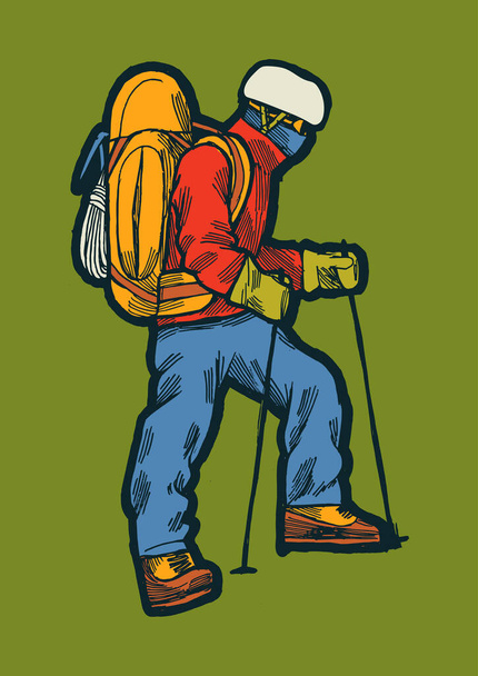 Wandelaar in klimhelm - realistische wandelaar met rugzak op de top van de berg - Vector, afbeelding