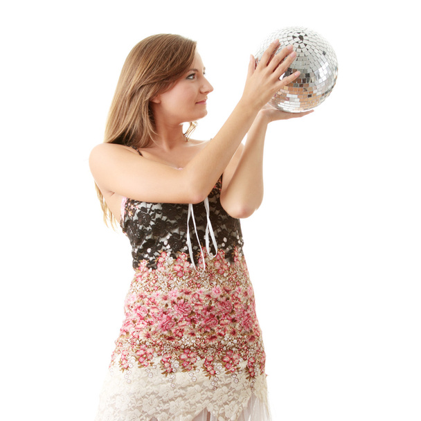 Young blond women with disco ball - Foto, imagen