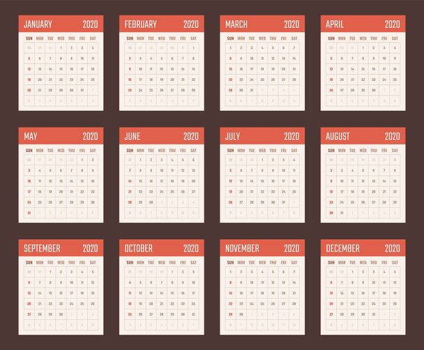calendar for 2020 starts sunday, vector calendar design 2020 year - Vecteur, image