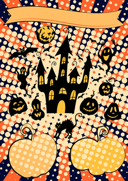 Шаблон поп-арту на Хеллоуїн: паскудний замок на пагорбі, кажани, ліхтарі з гарбузами, чорний кіт і місяць
. - Вектор, зображення