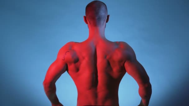 Bodybuilder Performing Rear Lat Spread Pose and posing for studio session - Záběry, video