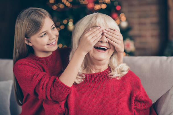 Close-up portrait of nice attractive lovely sweet cheerful cheery grandchild closing grannys eyes day winter fairy surprise tradition at decorated industrial loft style interior house - Foto, afbeelding