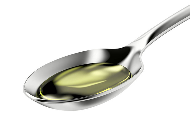 Cuchara de plata con aceite de oliva
 - Foto, Imagen