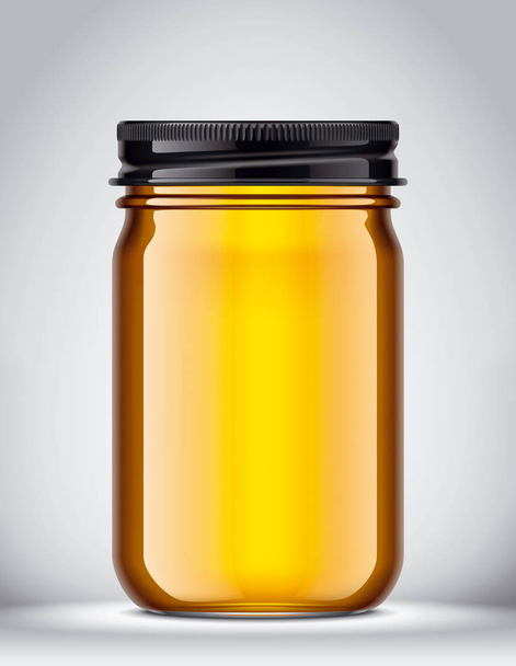 Glasgefäß mit Honig auf Hintergrund.  - Foto, Bild