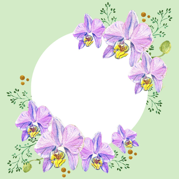 Watercolor wreath with orchid flowers. Illustration. - Foto, imagen