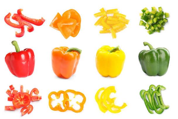 Set of fresh ripe bell peppers on white background - Foto, afbeelding