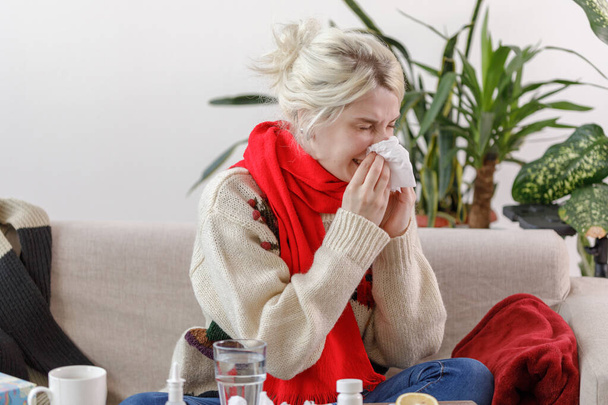 Girl in a sweater sneezes while sitting on a sofa. The patient caught a cold, feeling sick and sneezing in a paper napkin. An unhealthy girl wiped her nose. - Photo, Image