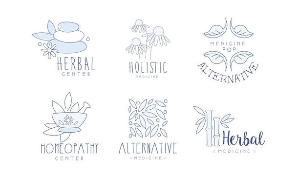 Alternativní Homeopatie centrum ručně kreslené etikety sada, holistické medicína vektorové ilustrace - Vektor, obrázek