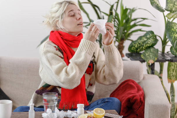 Girl in a sweater sneezes while sitting on a sofa. The patient caught a cold, feeling sick and sneezing in a paper napkin. An unhealthy girl wiped her nose. - Photo, image