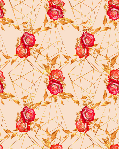 Blumenschmuck, schöne rote Rosen, stilisierte goldene Blätter, glänzende Beeren, zarte Locken, geometrische Figur, nahtloses Muster, 3D-Darstellung, - Foto, Bild