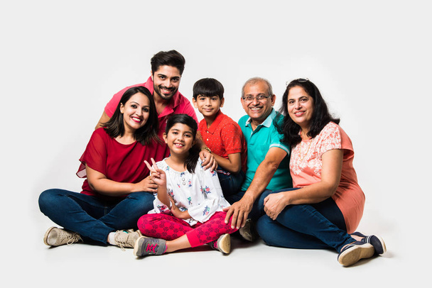 Enfants indiens avec parents / grands-parents, assis isolé sur fond blanc, plan studio
 - Photo, image