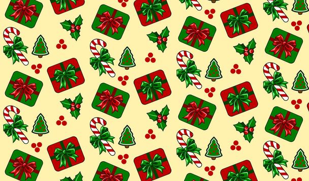 Christmas simple background with Christmas trees, gifts and caramels. - Vector, Image