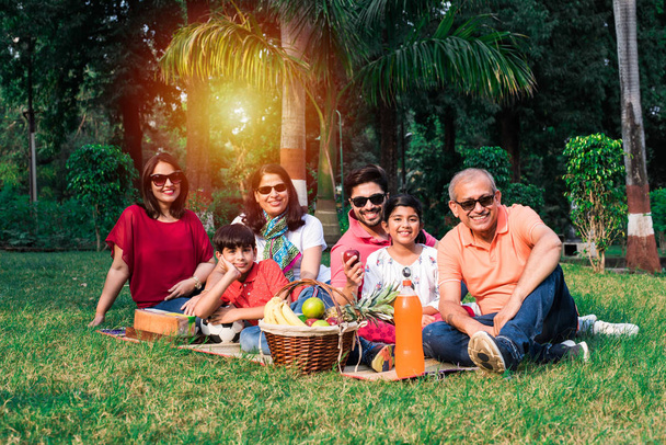 Indian Family enjoying Picnic - Multi generation of asian family sitting over lawn or green grass in park with fruit basket, mat and drinks. selective focus - Photo, Image