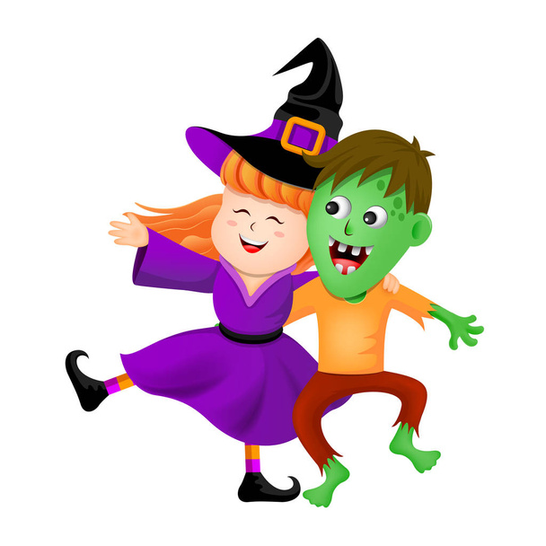 Halloween-Zeichentrickfigur. Hexe und Zombie. Süßes oder Saures, Halloween-Konzept. Illustration isoliert auf weißem Hintergrund. - Vektor, Bild