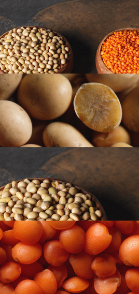 collage of raw organic soybeans and lentils  - Fotografie, Obrázek