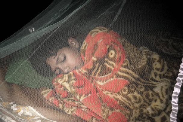 Un ragazzo addormentato all'interno di una zanzariera, il modo più semplice e sicuro
  - Foto, immagini