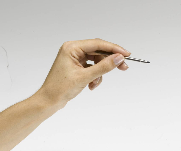 weibliche Hand hortet und einen Touchscreen-Stift zeigt. isoliert auf weiß - Foto, Bild