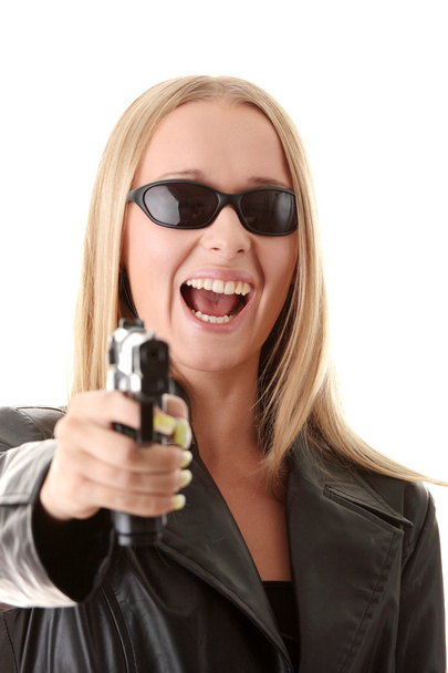 Portrait of the blonde with gun - Фото, изображение