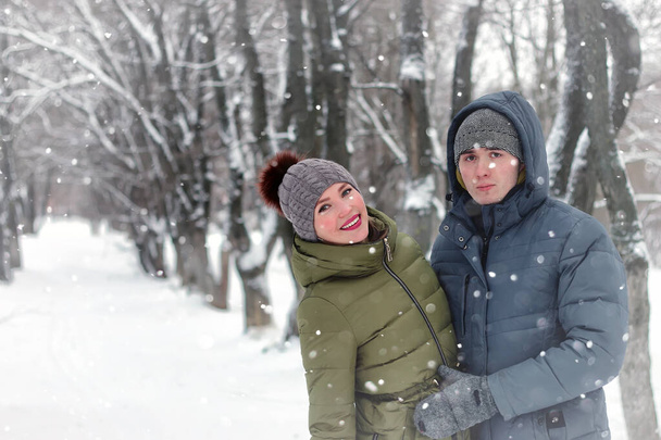 family couple walk winter snow - Photo, Image