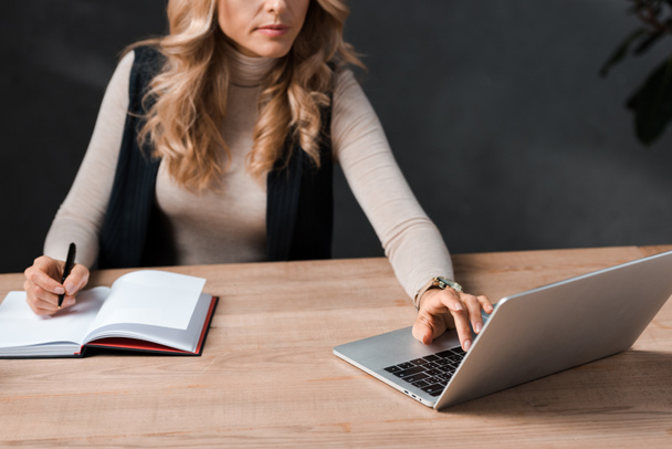 обрезанный вид блондинка бизнес-женщина сидит за столом и с помощью ноутбука в офисе
  - Фото, изображение