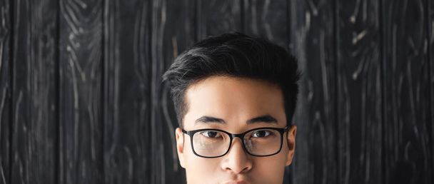 plano panorámico de hombre asiático en gafas mirando cámara sobre fondo de madera
  - Foto, Imagen
