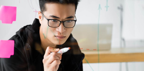panoramic shot of pensive asian seo manager in glasses looking at glass with sticky notes and graphs - Photo, Image
